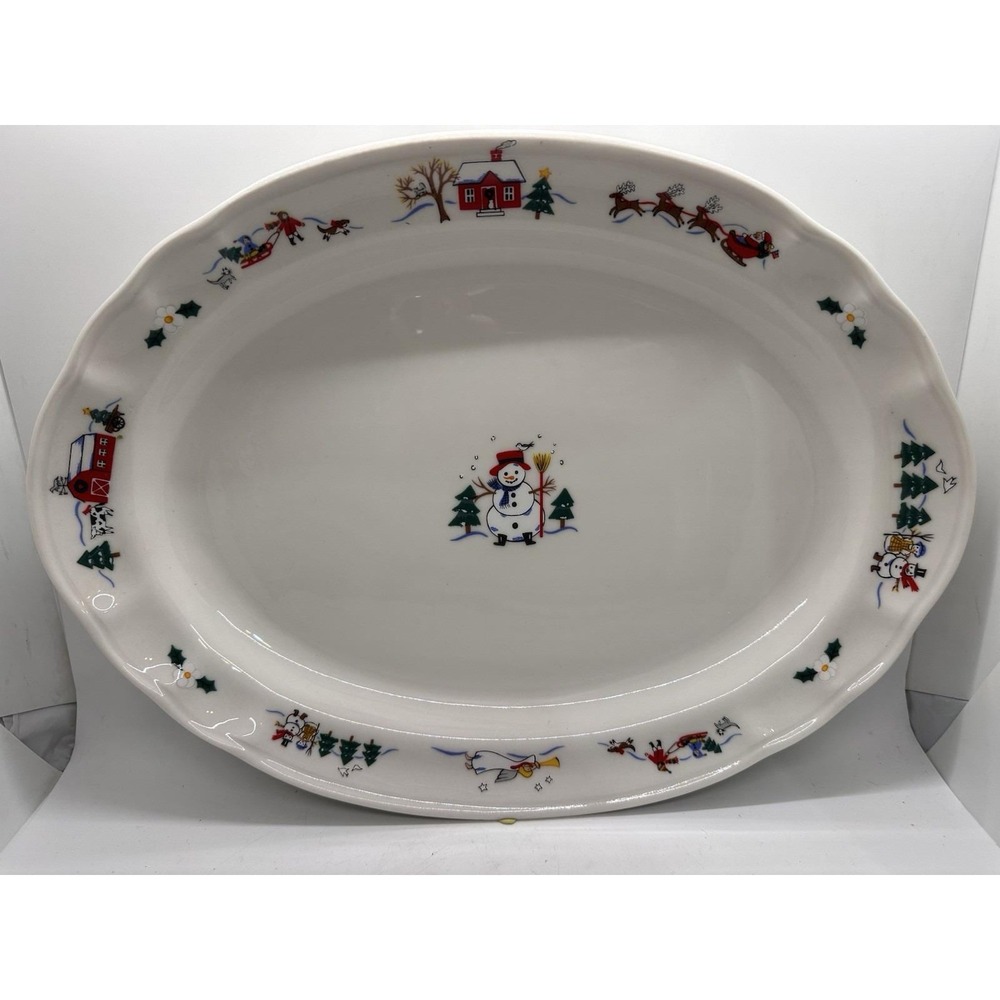 Pfaltzgraff Snow Village Snowman Christmas Holiday Oval Serving Platter 14 1/2"